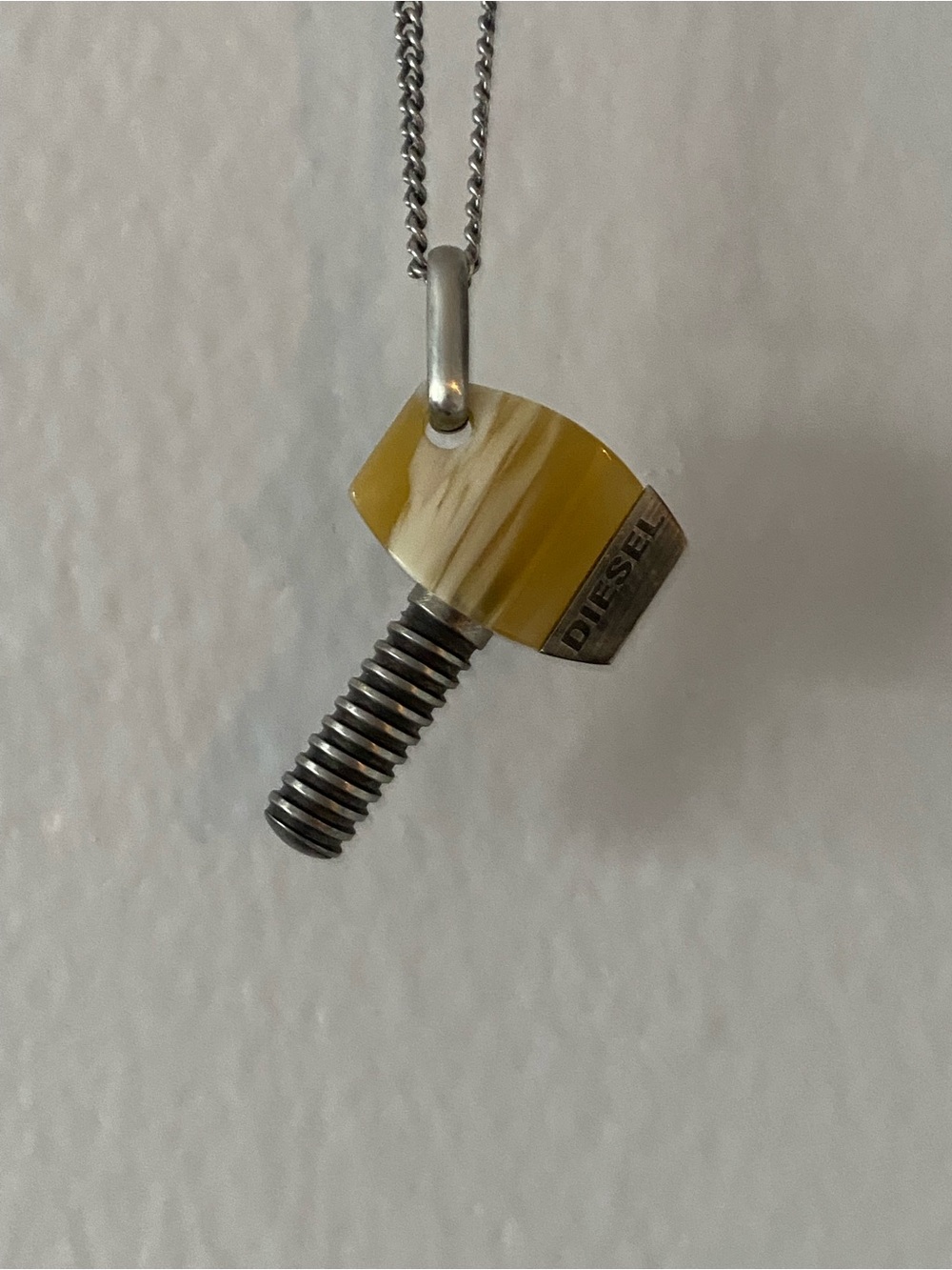 Vintage Diesel Marbled Yellow Resin & Stainless Steel Bolt Pendant Necklace